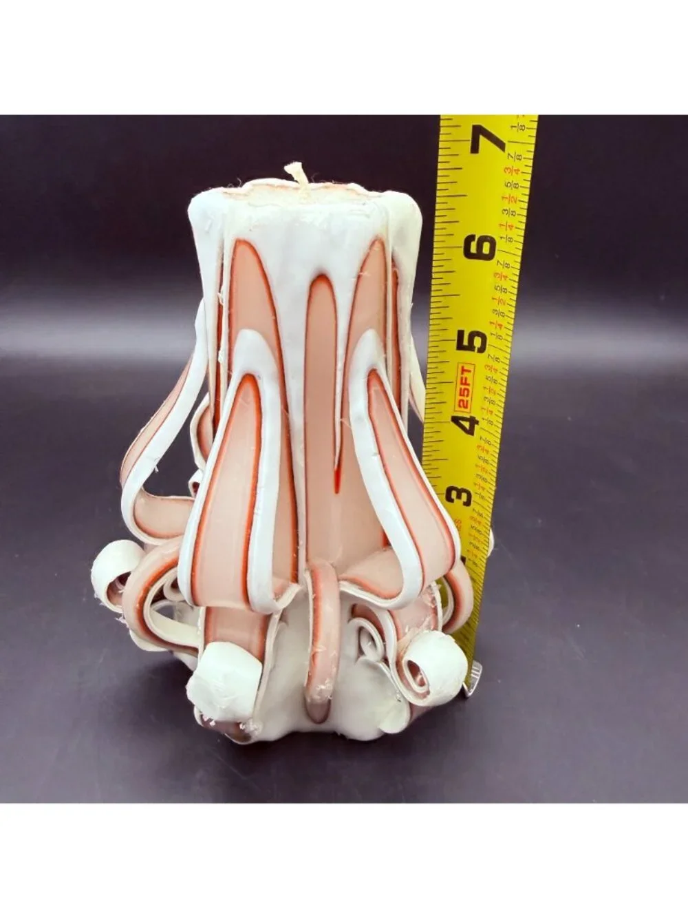Vintage 1970s Hand Carved Ribbon Wax Candle Peach & White Dip-Dipped Pillar 6